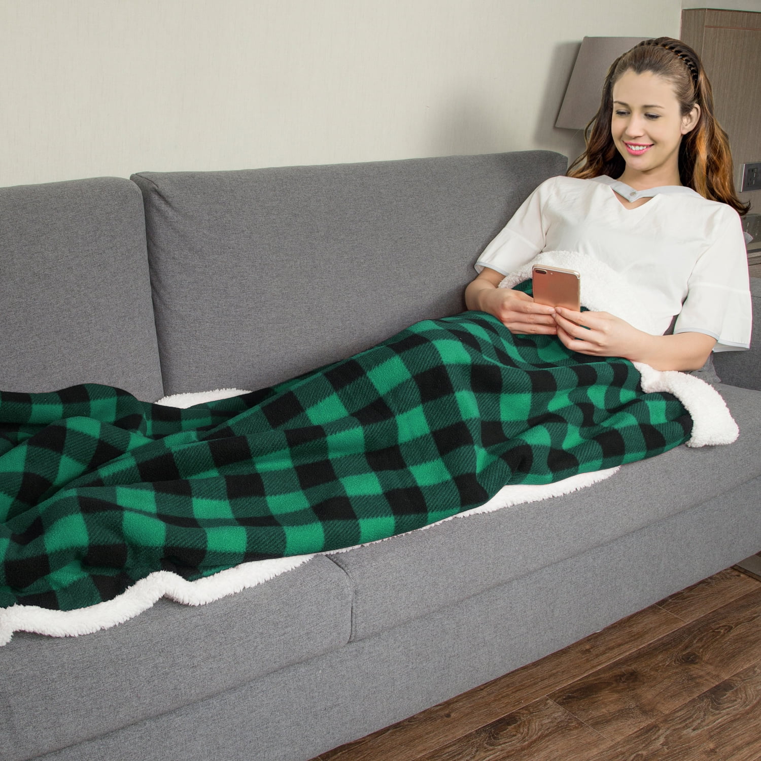 Catalonia Buffalo Plaid Sherpa Throw Blanket, Super Soft Reversible Fleece Blanket for Cabin Bed or Couch, Green Plaid, 50"" x 60"".