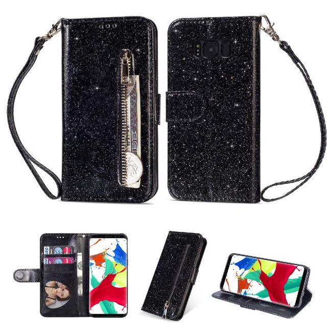 Case for FOXDOCK Samsung Galaxy S8 Glitter Zipper Wallet Case with Short Hand Strap