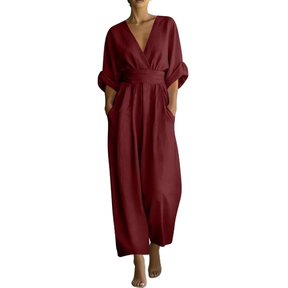 Edvintorg Jumpsuits for Women Dressy Casual High Waisted V-Neck Wide Leg Jumpsuit with Pockets Plus Size Fashion Summer Clothes