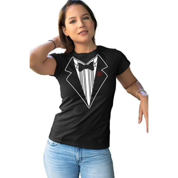 Ladies Funny Tuxedo T-Shirt Black Black W Red Rose, Large