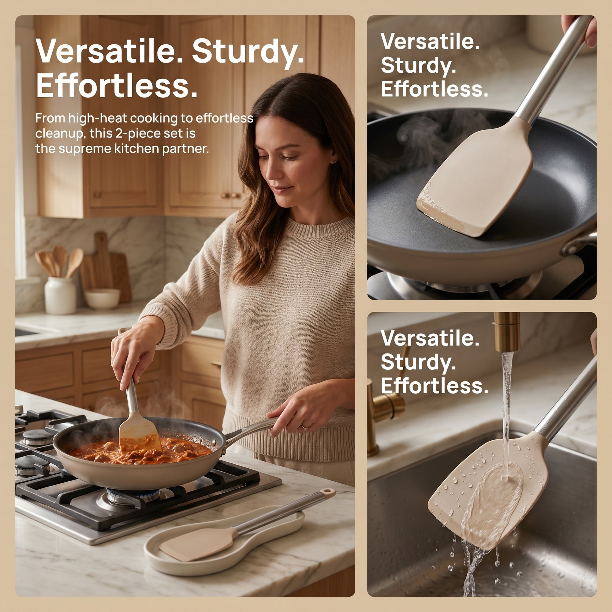 Unique Bargains Silicone Spatula Set, Kitchen Utensils with Rubber Tips Khaki 13.4x3 in