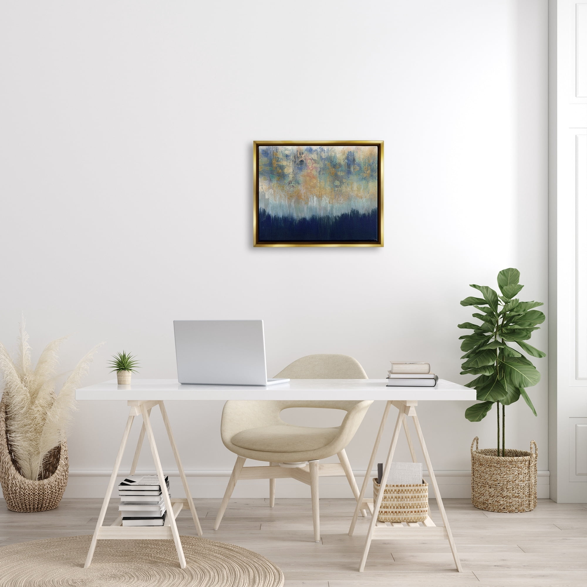 Stupell Industries Abstract Gold Blue Textured Surface Painting Metallic Gold Framed Floating Canvas Wall Art, 16x20, by Third and Wall