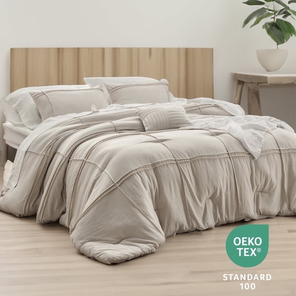 U by Bedsure Beige Queen Comforter Set - 4 Pieces Grid Pleated Bed Set, Down Alternative Bedding Sets for All Season, 1 Comforter, 2 Pillowcases, 1 Decorative Pillow