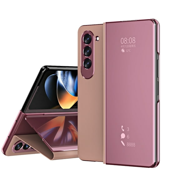 Allytech Plating Mirror Flip Case for Samsung Galaxy Z Fold5 2023, Luxury PU Leather & Hard PC Slim Lightweight Cover with Kickstand, Comfortable Grip Shockproof Full Protective Case, Rosegold
