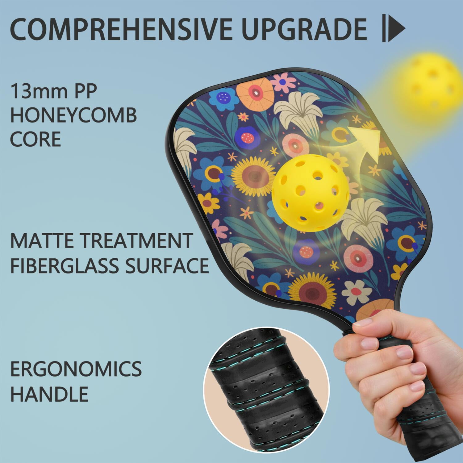 Pickleball Paddles Set Of 1, Fiberglass Surface, Vintage Floral Print, 1 Paddle, 2 Balls & Bag