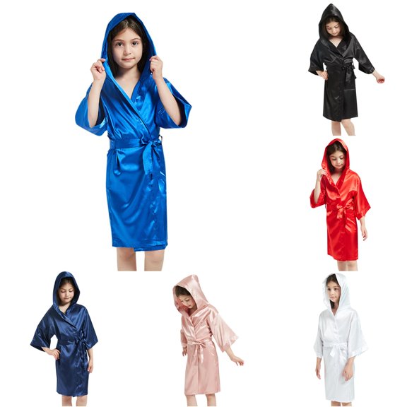 REDARER Boys Girls Solid Satin Hooded Robe V Neck 3/4 Sleeve Self Belt Soft Silky Kids Spa Bath Sleep Kimono Cover Up,8-9 Years