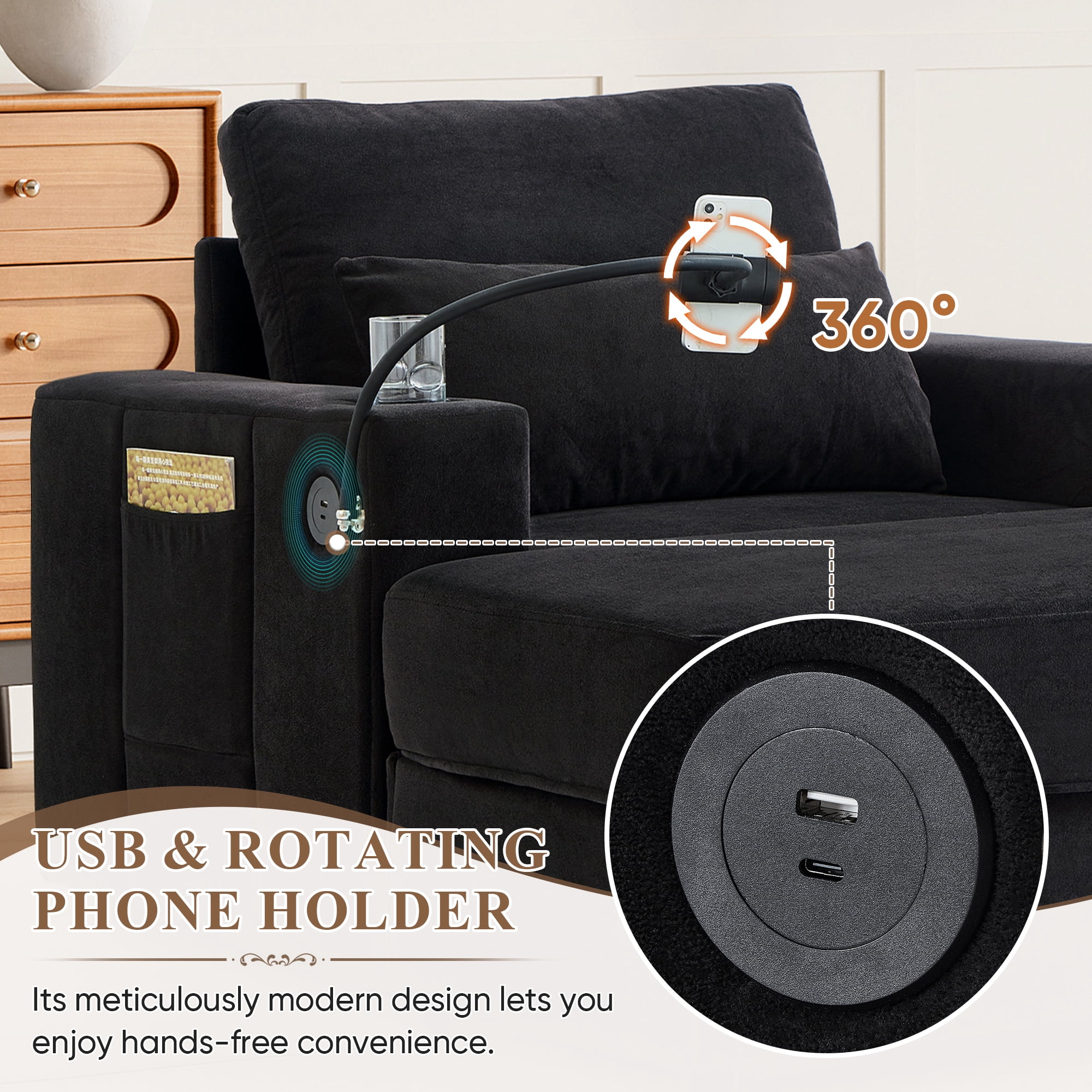 Lunale Accent Chair with Ottoman, Indoor Lounge Chair with USB & Storage, Modern Upholstered Sofa Armchair for Living Room, Bedroom, Apt., Black Chenille