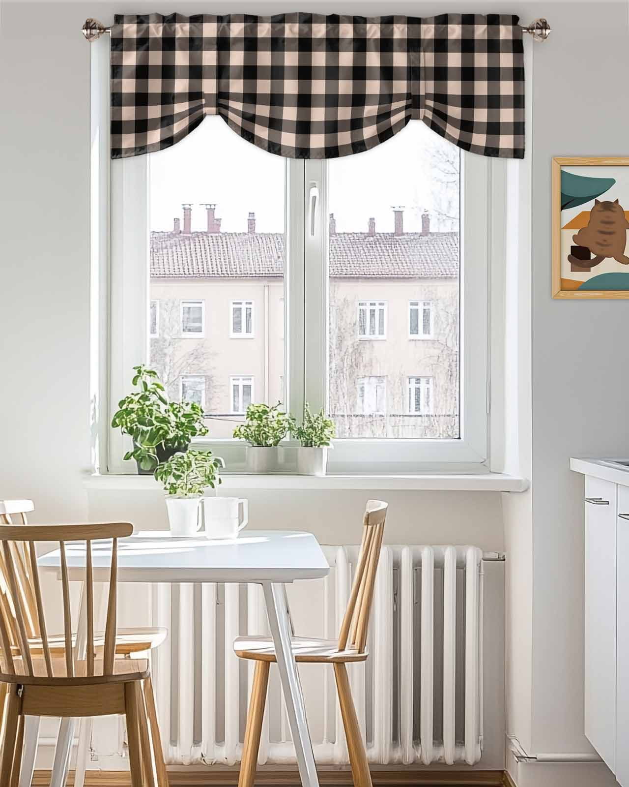Black Brown Retro Plaid Tie Up Valances Curtain, Pastoral Plaid Vintage Style Kitchen Valances for Windows Decor, Rod Pocket Short Curtains Set for Bedroom/Bathroom, 54"x18"