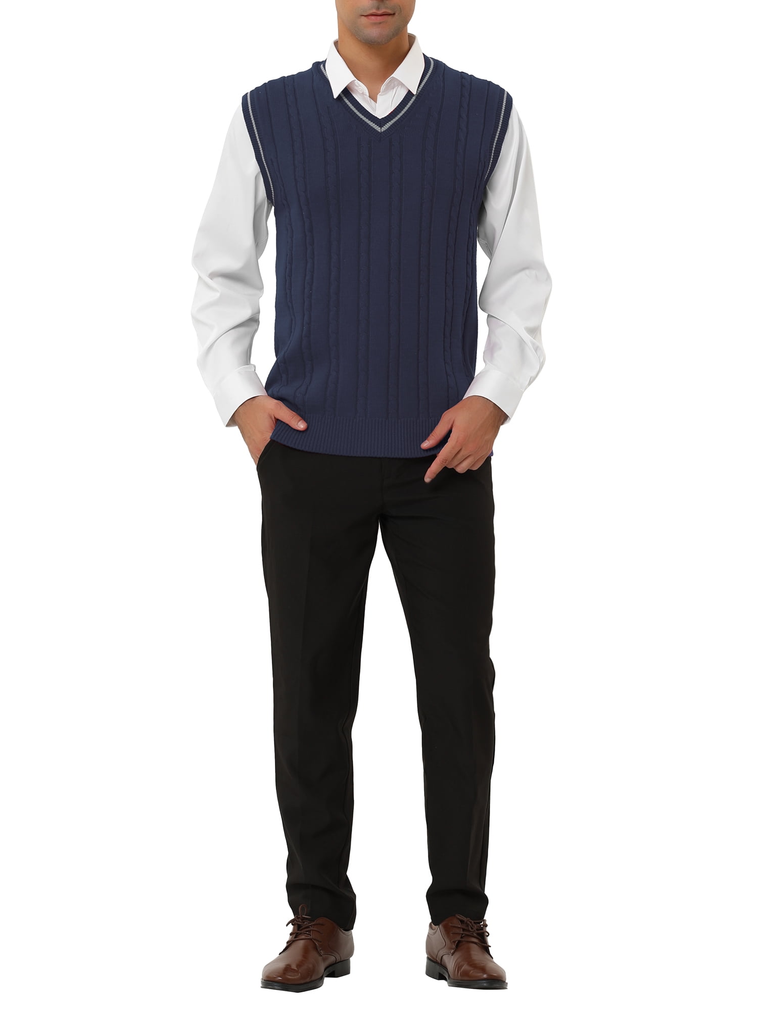 Unique Bargains Men's Classic Knitted Sleeveless V-Neck Pullover Sweater Vest L Navy Blue