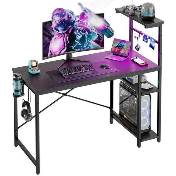 Bestier 44 in Rectangular Black Grained Gaming Desk with RGB LED Lights Computer Desk with 4 Tier Storage Shelves and Hooks