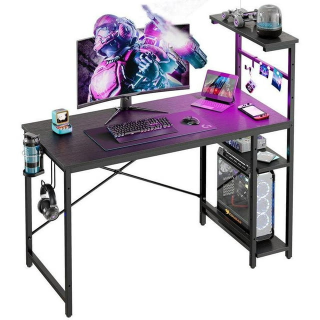 Bestier 44 in Rectangular Black Grained Gaming Desk with RGB LED Lights Computer Desk with 4 Tier Storage Shelves and Hooks