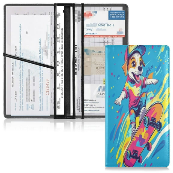 PVC Leather Car Document Holder Organizer with Multiple Pockets, Ideal for Car Registration, Insurance & Cards Dog on Skateboard