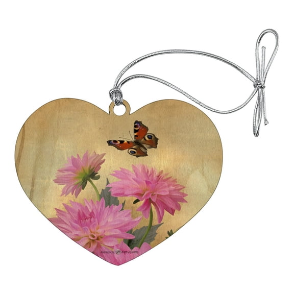Pink Dahlia Flowers and Butterfly Heart Love Wood Christmas Tree Holiday Ornament