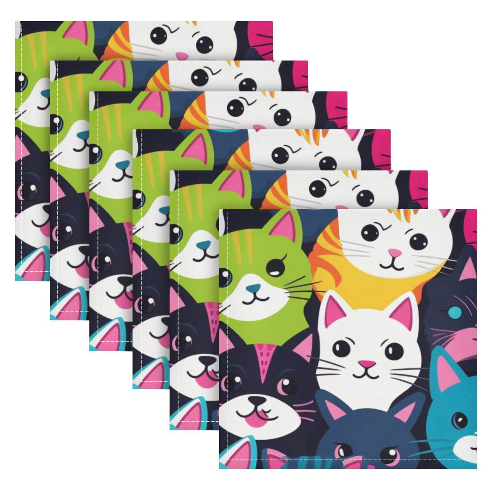 JSTEL Colorful Cat Kitten Cloth Napkins Set of 6, 20x20 Inch Washable and Reusable Napkin for Decoupage Dinner Party Everyday Use