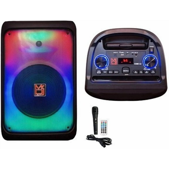 MR DJ CUBE12 12" Rechargeable Portable Karaoke Speaker with Party Flame Lights Microphone TWS USB FM Radio