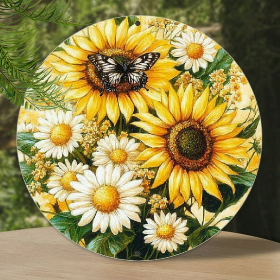 8" Round Metal Tin Wall Art with Sunflowers & Butterflies Design - Vintage Aluminum Decor Sign for Home, Farmhouse, Bar, and Club - Easy to Hang, No Power Needed, Sunflower Decor