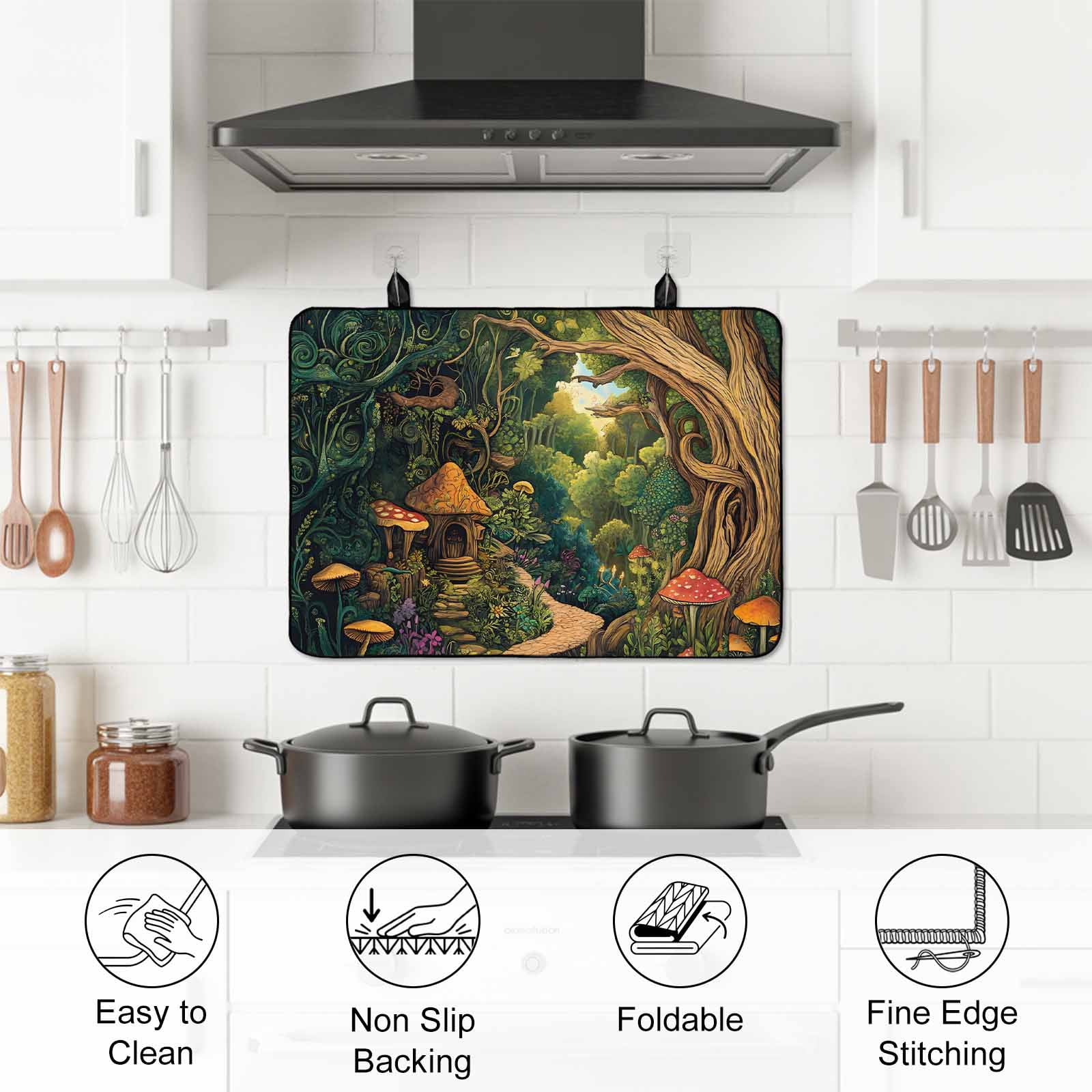 Forest Stove Top Cover for Electric Stove, Heat-proof & Non Slip Glass Top Stove Cover Protector, Vintage Cottage Mushroom Tree Floral Green Kitchen Flat Cooktop Rubber Mat 24x21 Inches