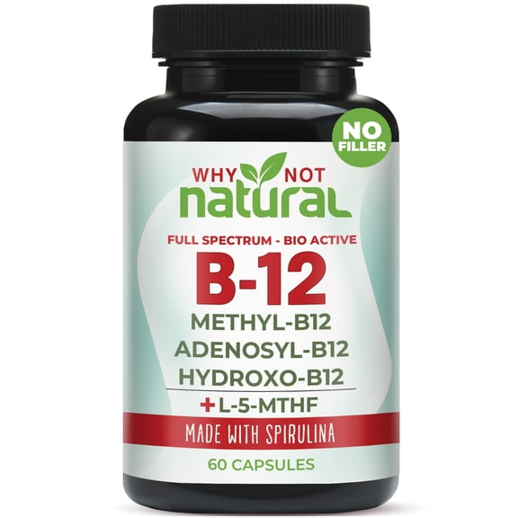 Why Not Natural Vitamin B12 5000 mcg Supplement with Methylcobalamin, Adenosylcobalamin and Hydroxy B12 Complex with Methylfolate 1000 mcg, L-5-MTHF, Made with Organic Spirulina