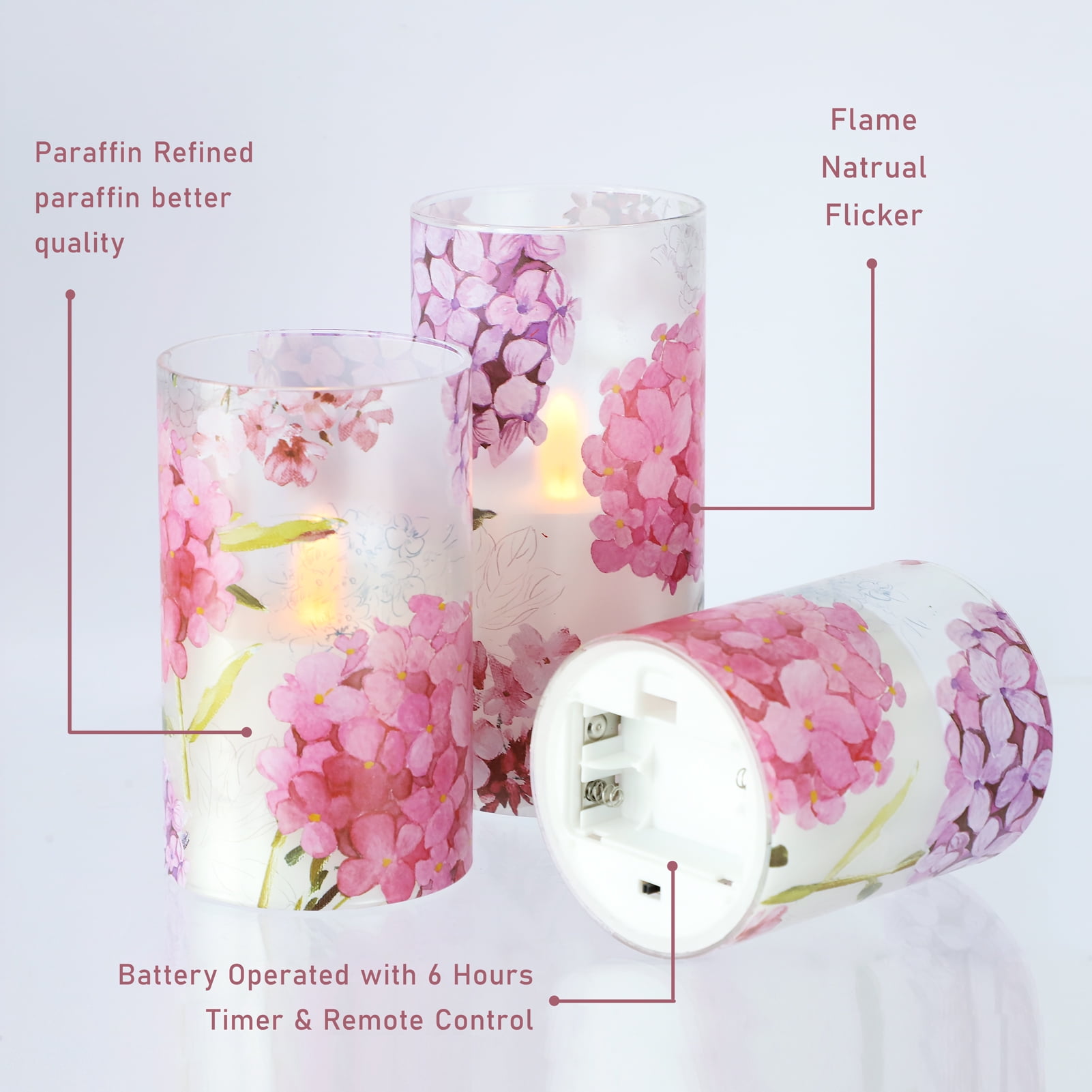 Meltone Pink LED Flameless Candles, Battery Operated Glass Candles with Remote and Timer, Set of 3 Candles Set
