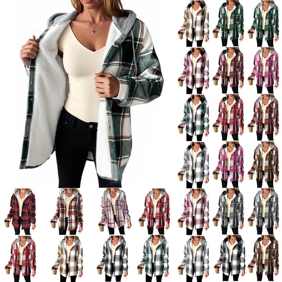 QATAINLAV Pink Plaid Jackets for Women Casual Long Sleeve Shacket Fleece Lined Hooded Sweatshirt Warm Winter Coat