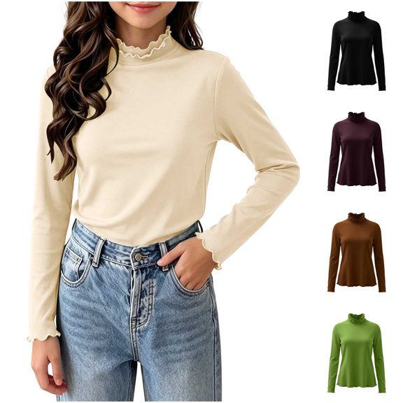 Asxite Girls Solid Tops Lettuce Stand Collar Long Sleeve Soft Brushed Cotton Fall Winter Tee
