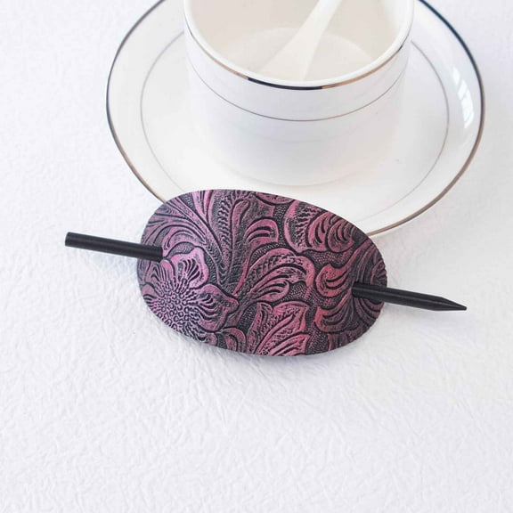 Oval Faux Leather Hair Clip with Wood Stick - Retro Hair Slide Pin for Ponytail Women Girls Accessory