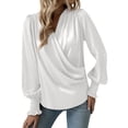 thumbnail image 3 of Hibeli Women Satin Silky Draped Wrap V Neck Ruched Puff Long Sleeve Top, 3 of 6