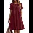 thumbnail image 1 of Vestido Camisero de y Algodón de Verano para Mujer, Informal, Holgado, con Cuello Redondo, Corta, Midi y Bolsillos Vino Tinto XXL, 1 of 7
