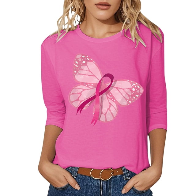 Fgnfyis T-Shirts pour Femmes Sensibilisation au Cancer Haut Décontracté Col Rond Manches Trois-Quarts Design Imprimé pour Usage Quotidien et Occasions Festives Printemps Été Automne Hauts pour Femmes Rose G