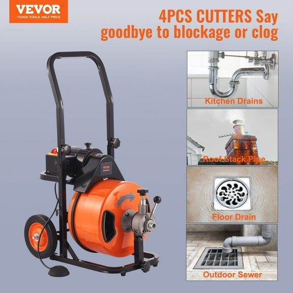 Auto-Feed Drain Snake 100FT x 1/2", 4-Cutter Sewer Auger with Air Foot Pedal for Clogged Pipes