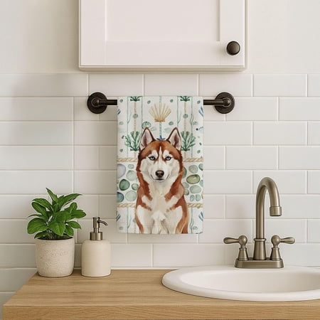 YILOSF-Red and White Siberian Husky Coastal Sea Glass Kitchen Towel Velour Plush Front and Cotton Loop Back Machine Washable