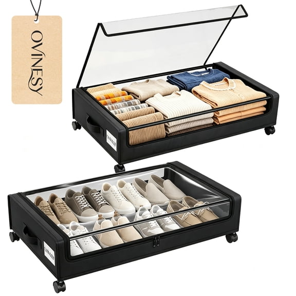 OVINESY Under Bed Storage with Wheels, 2 Pack Underbed Containers with Clear Lids & Labels, Rolling Storage Bins for Clothes Shoes Blankets, Shoe Organizer for Closet Storage