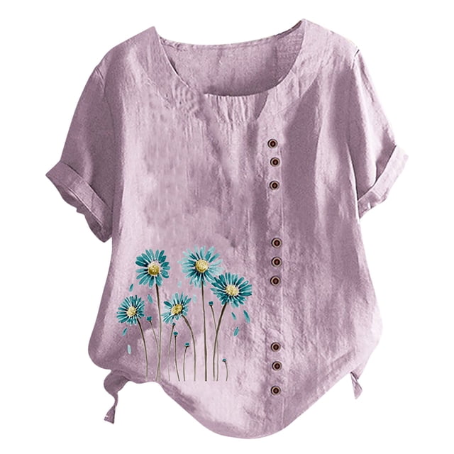 Chemises à Manches Courtes pour Femmes Chemises d'Été Décontractées à Col Rond Manches Courtes Imprimé Floral Chemise Ample Hauts à Manches Courtes pour Femmes Hauts à Manches Courtes pour Femmes Chemises à Manches Courtes pour Femmes