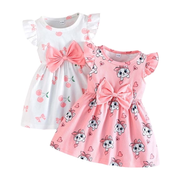 xfsWaSs Baby Girls Dress 2 Pack Toddler Summer Dresses Ruffle Sleeveless Cute Casual Sundress With Bowknot A-Line Beach Sundresses 9-12 Months