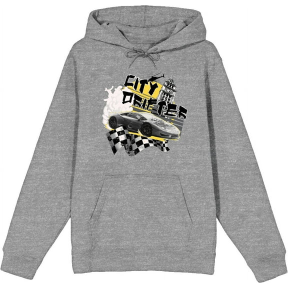 City Drifter Race Car With Flag And Clock Tower Adult Heather Gray Long Sleeve Hoodie-XL