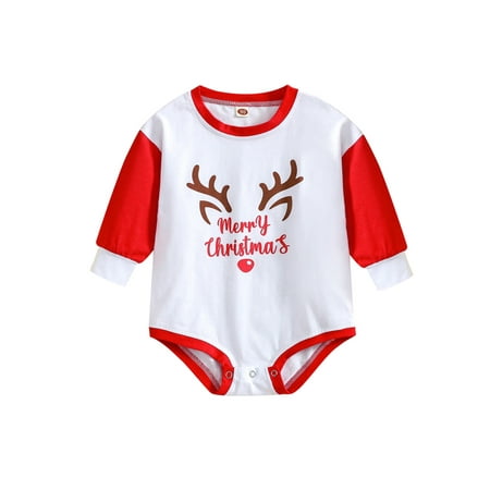 

Qiylii Baby Christmas Romper For Girls Boys Long Sleeve Round Neck Letters Elk Print Casual Party Street Spring Fall Jumpsuit 0-24M