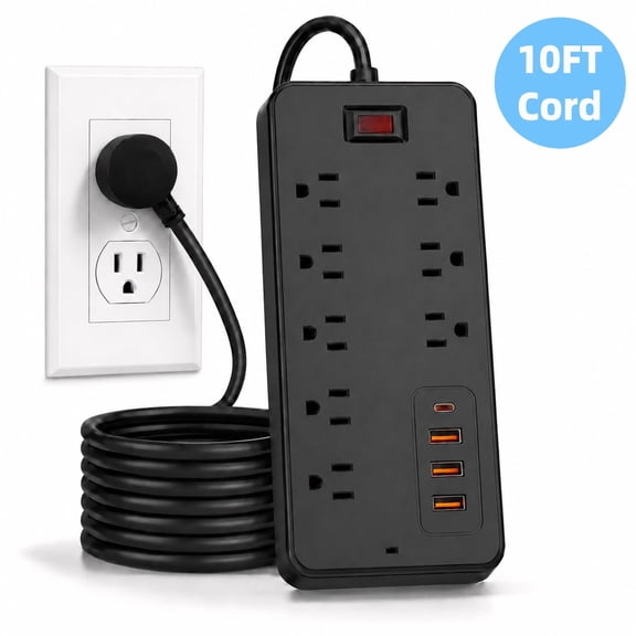 Surge Protector Power Strip, Flat Plug Extension Cord for Home, Office and Dorm, 8 AC Outlets, 4 Usb Ports Including 1 Usb-C, 10 ft, Black