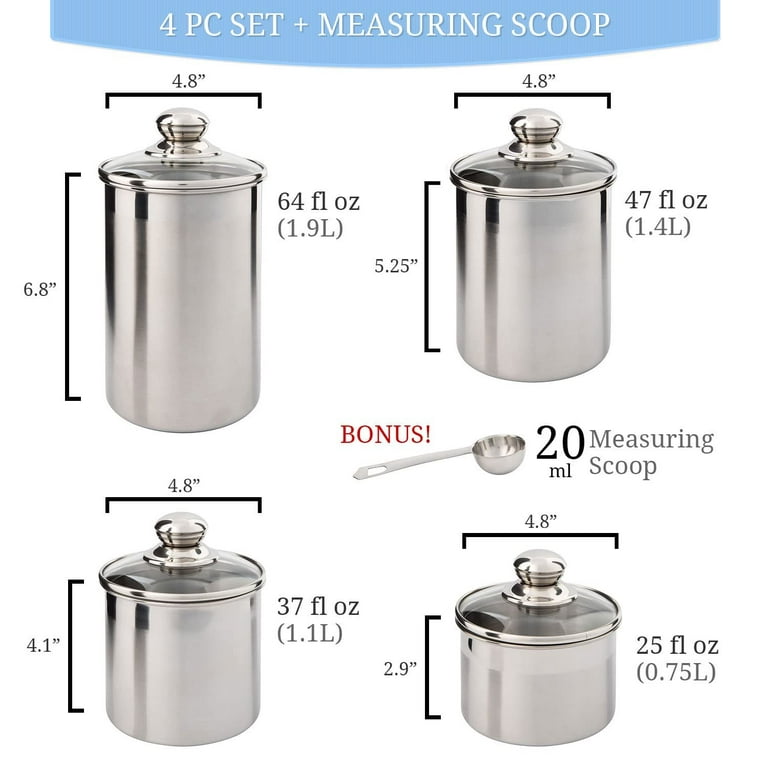 Airtight Canisters Sets for the Kitchen Counter - Stainless Steel Food  Storage Containers with Glass Lids for Tea, Coffee, Sugar, Flour - Baking  Dry Storage, Me…