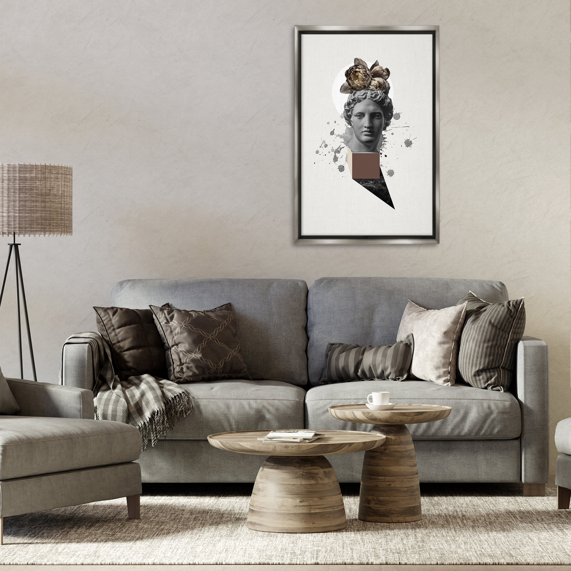 Stupell Industries Modern Statue with Peonies Botanical & Floral Painting Gray Floater Framed Canvas Art Print Wall Art, 21 x 31