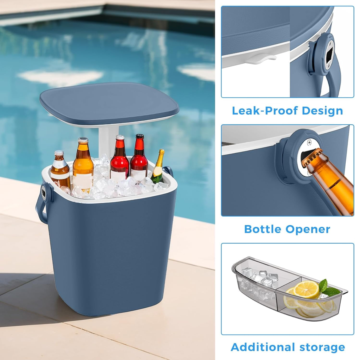 14.69×14.25×14.69 in Rattan Style Outdoor Cooler Table – 8 Gallon 3-in-1 Ice Bucket Height-Adjustable Design & Drainage Plug for Deck, Pool Parties, Barbecues & Picnics (Blue)