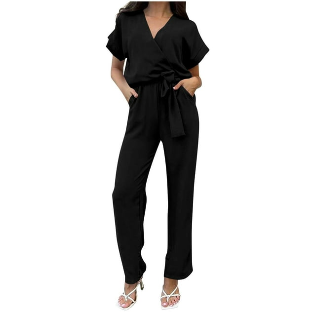 Womens Summer Short Sleeve Jumpsuits Wrap V Neck Belted Solid Color Loose Wide Leg Work Long Pants Rompers with Pockets