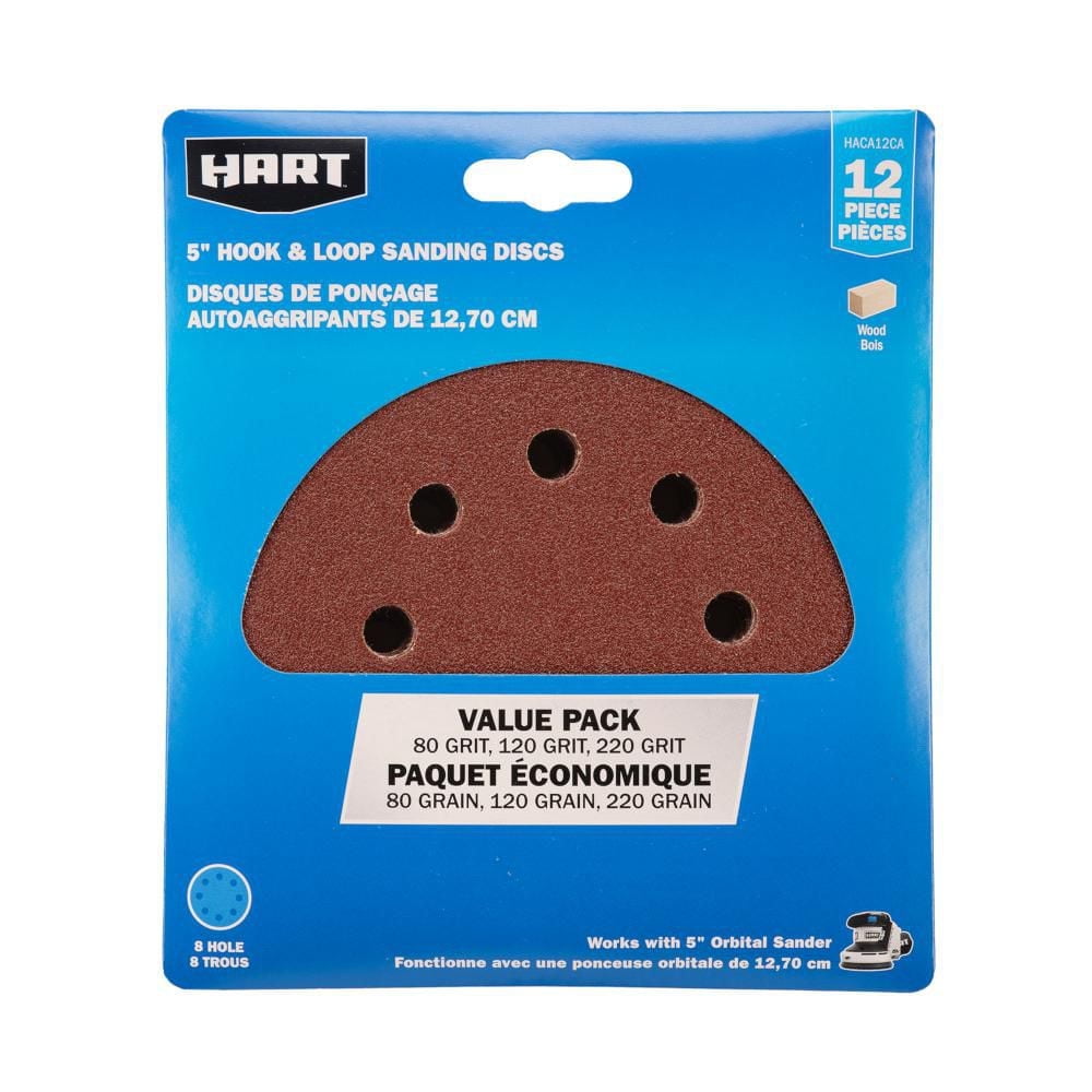HART 5-inch Rand Orbit Sand Paper Assortment (12-Pack), 80-120-220 Grit