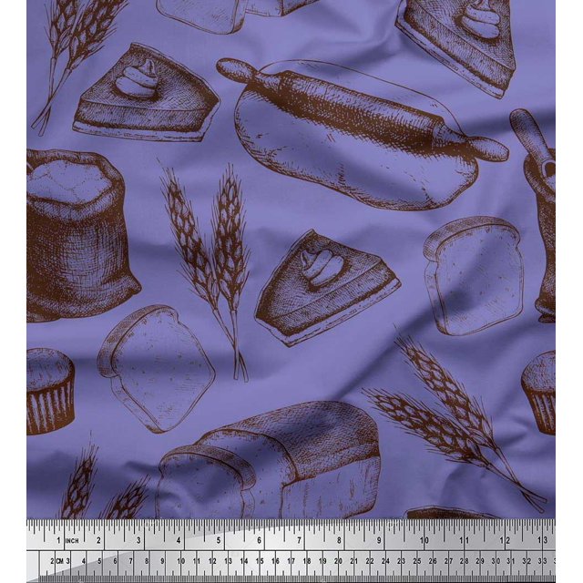 Soimoi Poly Georgette Fabric Rolling Pin,Wheat & Sandwich Bread Food Printed Craft Fabric by the Yard 42 Inch Wide