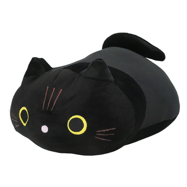 Almohada de gato negro de dibujos animados, juguete de peluche con ojos redondos y expresión linda para decoración del hogar.