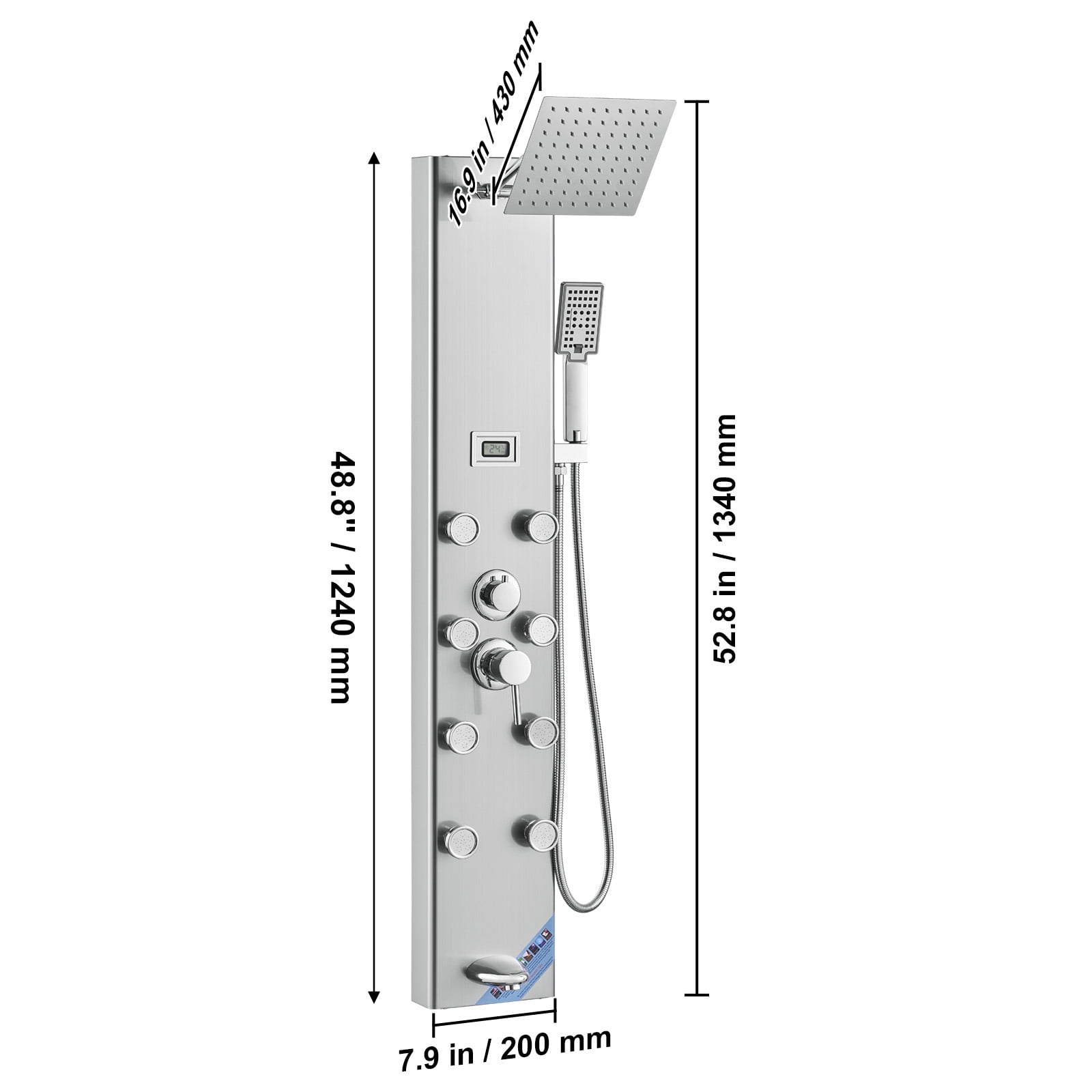 KFFKFF Shower Panel 6 Modes Digital Tower System Display Stainless Steel Rainfall