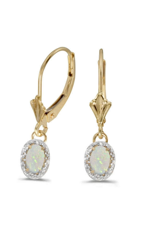 14k White Gold .94 ct Oval Opal 6x4mm Gemstone Leverback Diamond Surround Dangle Drop Earrings for Women (.02 ct)