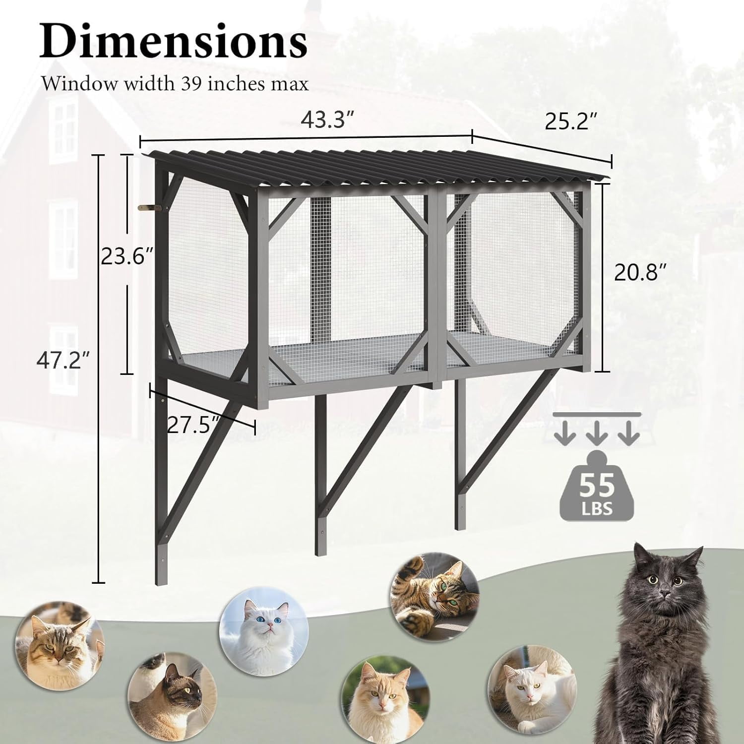 Cat Window Box, 43.3" Catio Outdoor Cat Enclosure for Sunbathing, Napping & Overlooking, Sturdy Window Perch for Large Indoor Cats - All Weather Use, Nature Friendly Design