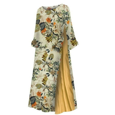 

Women Boho Floral Print Cotton Linen Long Maxi Dress Long Sleeve Casual Loose Kaftan Patchwork Tunic Dress