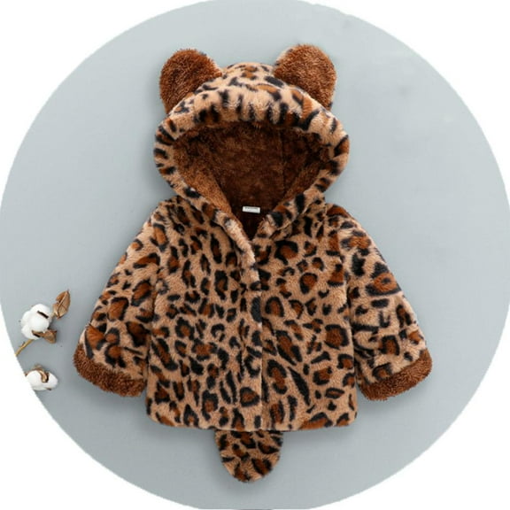 Bxsruta Jacket for Girls, Children's Plush Leopard Print Jacket, Hooded Fleece Outerwear with Snug Cotton Lining