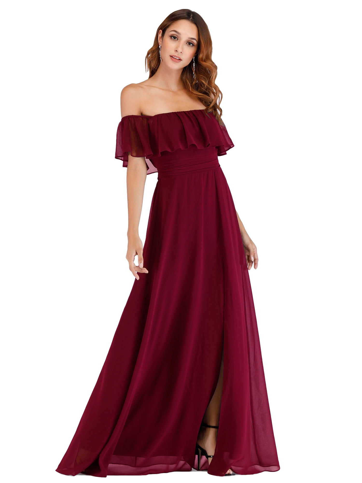 Ever-Pretty A-Line Wedding Dress Long Chiffon Burgundy Bridesmaid Gown Side Slit 